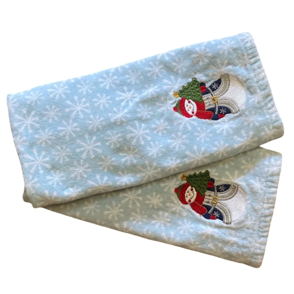 Jingles & Joy Embroidered Snowman Light Blue Hand Towels Set of 2